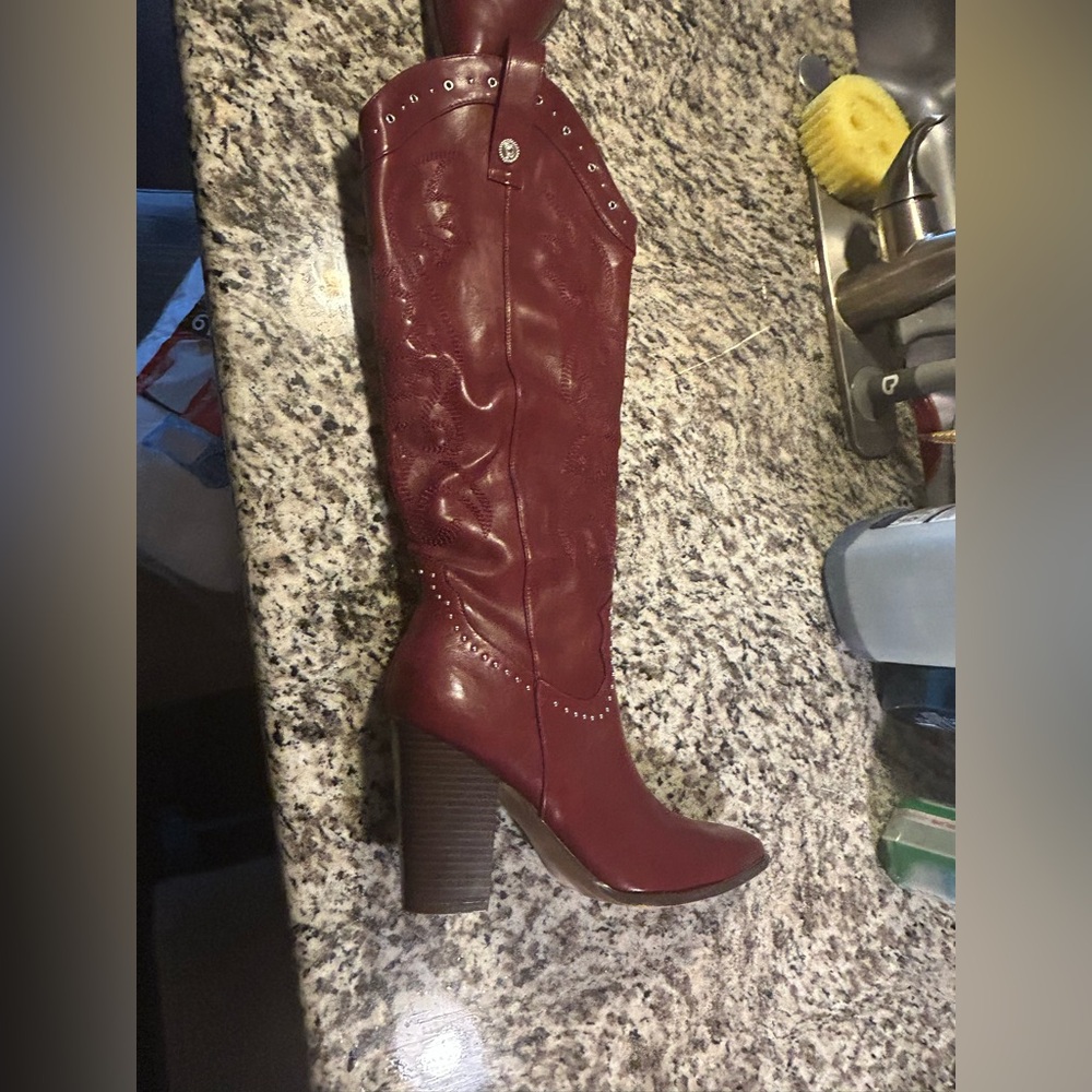 VOMIRA Knee High Cowboy Boots Pointed Toe Chunky Western Wide Calf Cowgirl Boots - Picture 6 of 16